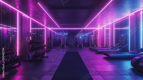 fitness, night background, gym lit by neon lights, vibrant and energetic, cool and sleek atmosphere.