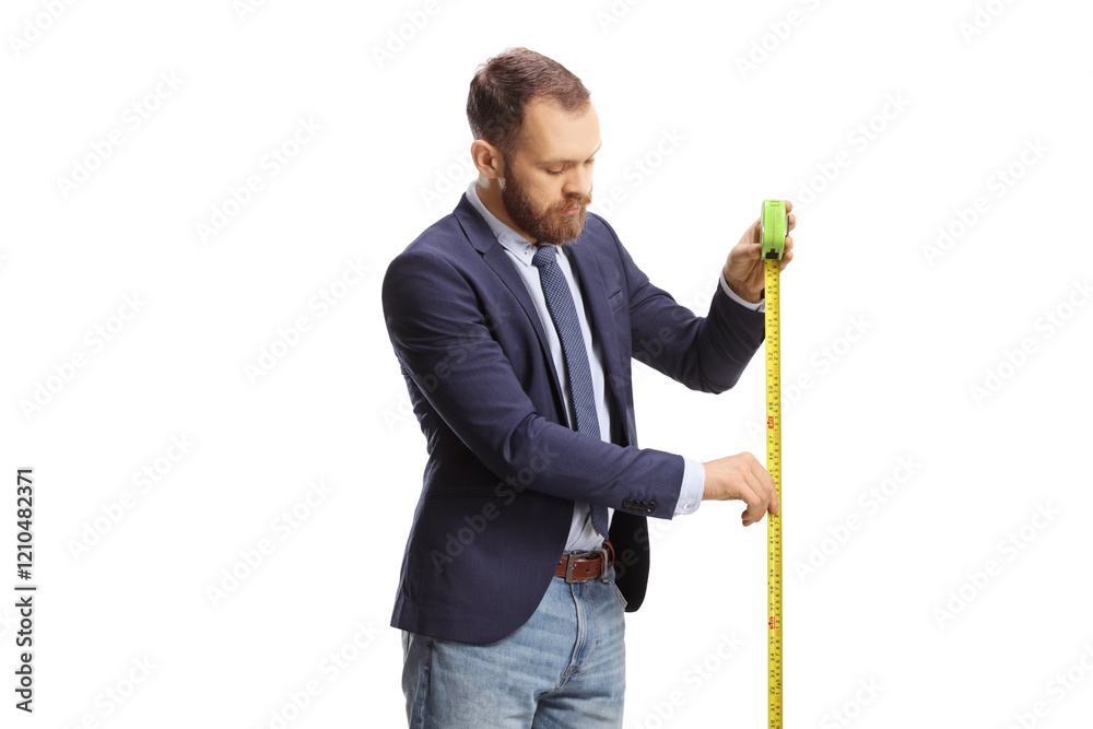 Man using a steel measuring tape Man using a steel measuring tape