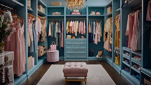 Organized girl's walk-in closet with pink and teal decor, showcasing clothing and accessories, ideal for fashion or home decor blogs