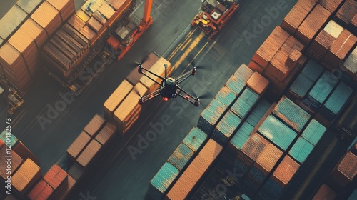 A drone flying over a warehouse, scanning shipping containers, symbolizing the integration of AI and technology in modern logistics and transport photo