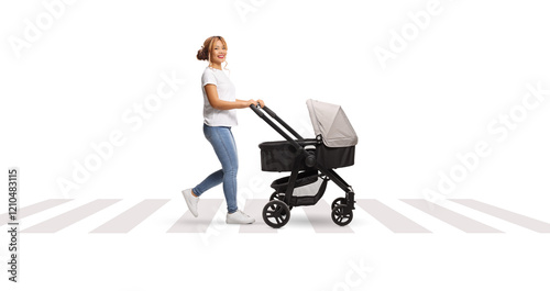 Young asian woman pushing a baby stroller on a street