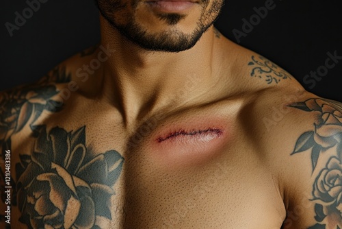 close-up of man chest with tattoo over scar representing resilience strength and self-acceptance