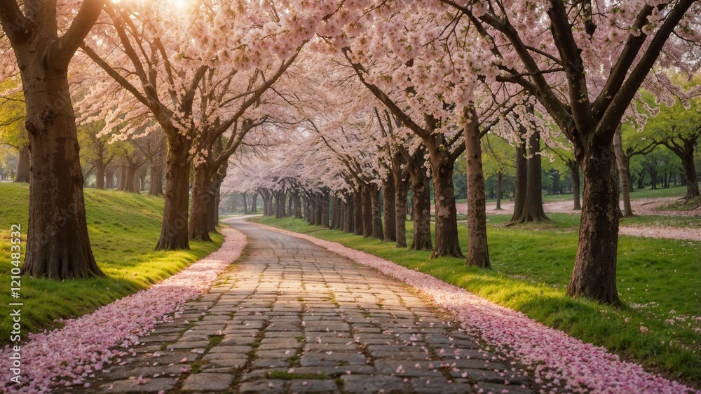 Romantic Cherry Blossom Path with Pink Petals on Cobblestone Ground in Golden Sunlight Romantic Cherry Blossom Path with Pink Petals on Cobblestone Ground in Golden Sunlight