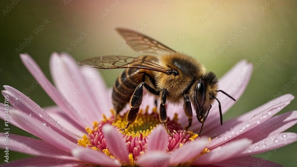 Photorealistic close up of honey bee hovering over flower, soft green background, spring atmosphere Photorealistic close up of honey bee hovering over flower, soft green background, spring atmosphere