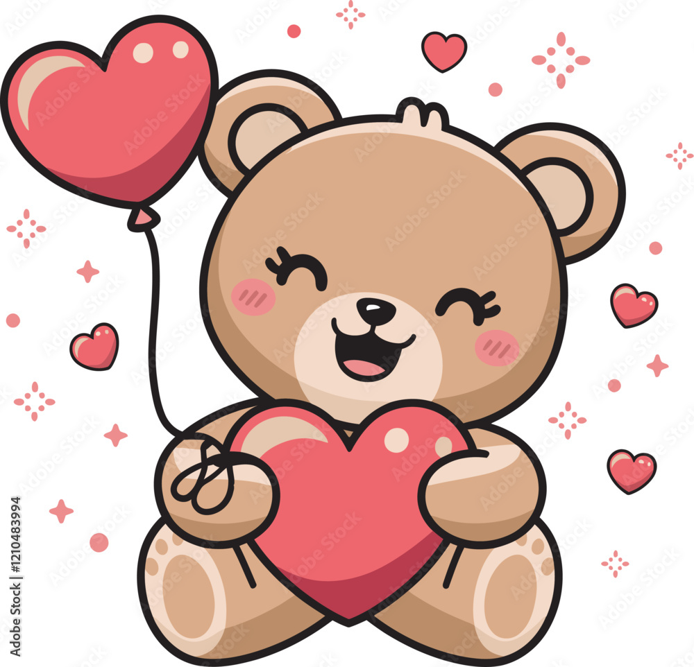 A Valentine's Vector Design of kawaii-style teddy bear with rosy cheeks and a big smile, holding a heart-shaped balloon, teddy bear with heart A Valentine's Vector Design of kawaii-style teddy bear with rosy cheeks and a big smile, holding a heart-shaped balloon, teddy bear with heart