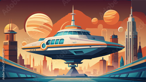 Futuristic Space Station Cartoon Docked Above a City The image is a stylized, cartoon-like illustration of a futuristic space station or a large spacecraft docked above a sprawling city on an alien pl