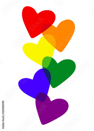 Logo lgbt. Mes del orgullo. Banner vertical con un grupo de corazones superpuestos con los colores de la bandera arcoiris