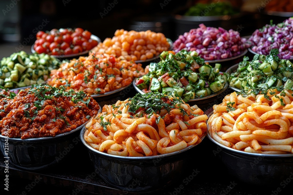 A chef is busy preparing a vibrant array of Mediterranean dishes for sale at a bustling street market A chef is busy preparing a vibrant array of Mediterranean dishes for sale at a bustling street market