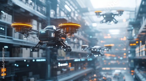 A futuristic logistics warehouse with robots and drones moving goods efficiently, showcasing the advanced technology driving the future of transport