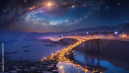 An illustration shows a bridge illuminated at night, with a vivid galaxy in the sky above. This image is an upload for an online stock image service.