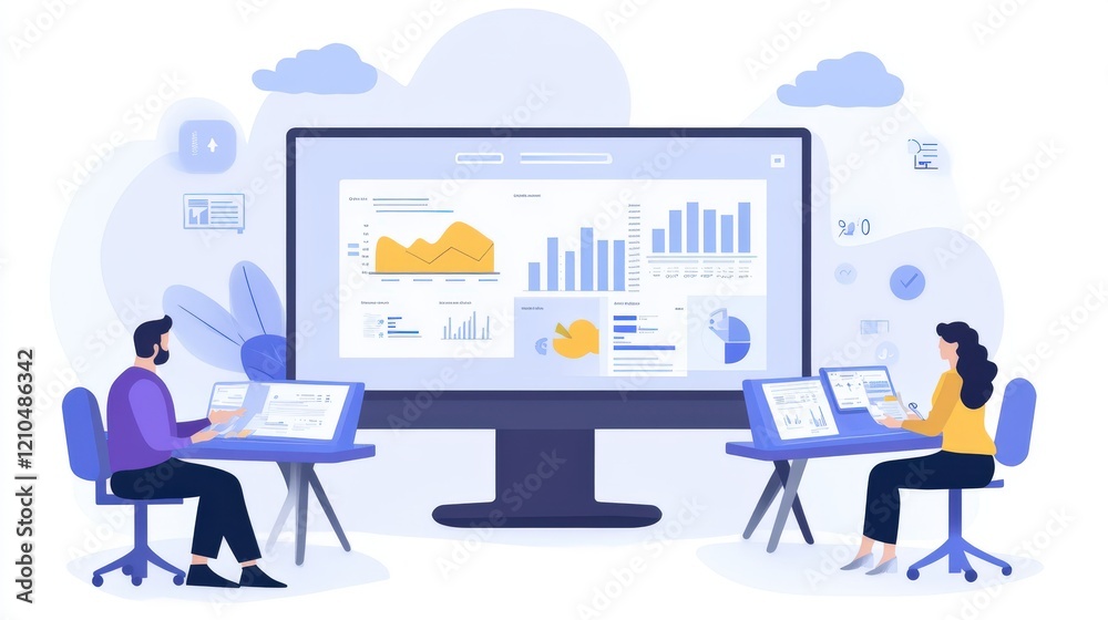 A group of business analysts working with cloud-based financial data, sharing insights and reports in real-time, with interactive graphs displayed on large office monitors A group of business analysts working with cloud-based financial data, sharing insights and reports in real-time, with interactive graphs displayed on large office monitors