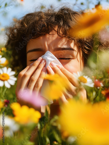 Woman sneezing amidst vibrant spring flowers due to allergies