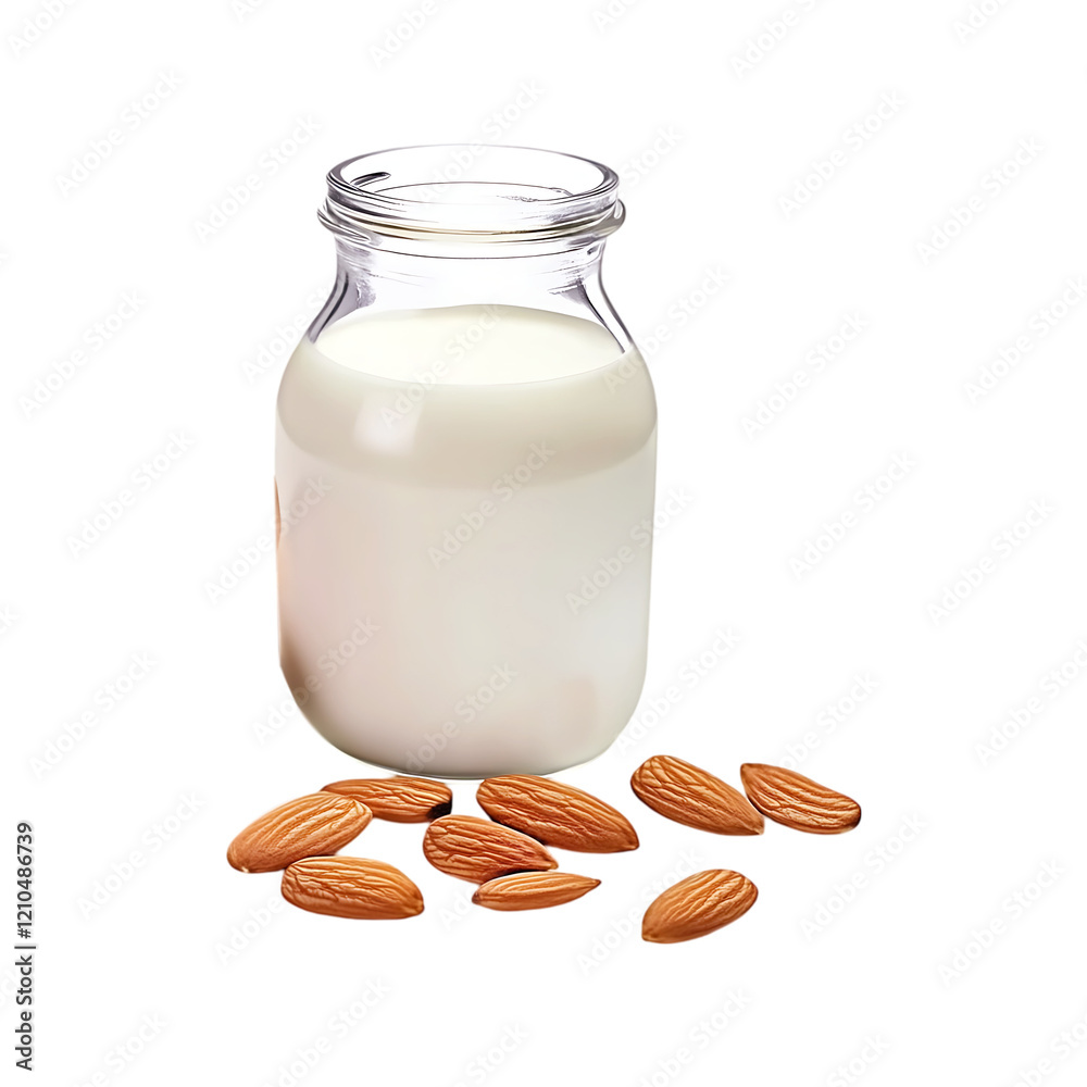 Fresh almond milk in a jar with almond seeds isolated on a transparent background. Fresh almond milk in a jar with almond seeds isolated on a transparent background.