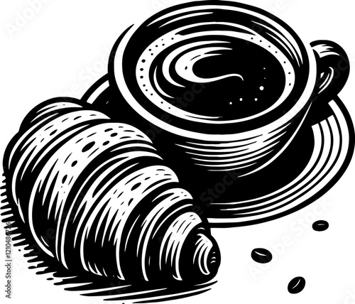 A black and white illustration of a cup of coffee and a croissant. The coffee is steaming and the croissant is flaky and buttery. Vector illustration