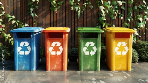 Recycling bins in blue, green, red, and yellow with recycling symbols on a wooden floor, promoting waste sorting, sustainability, and eco-friendly practices. photo