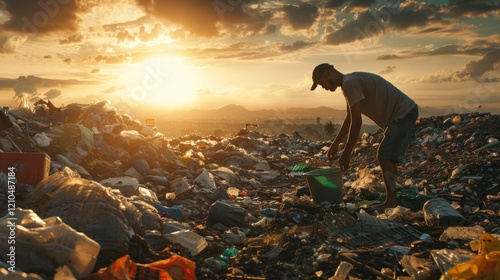 An elderly man wearing gloves works in a landfill, sorting through piles of waste for recyclable materials. This image highlights the challenges of waste management and the importance of recycling. photo
