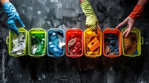 A set of colorful recycling bins filled with sorted waste materials, representing the importance of recycling, waste management, and sustainable practices for environmental conservation.