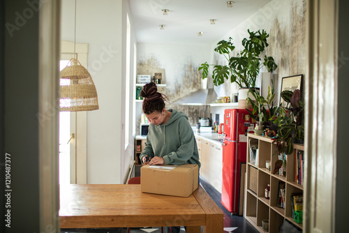 Woman opening package with scissors at home in cozy kitchen photo