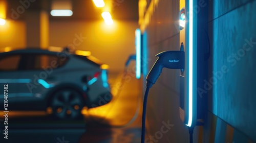 Close-up of an electric car connected to a charging station with glowing blue lights, symbolizing clean energy, sustainable transportation, and the future of eco-friendly mobility. photo