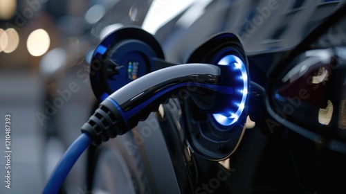 Close-up of an electric car connected to a charging station with glowing blue lights, symbolizing clean energy, sustainable transportation, and the future of eco-friendly mobility. photo