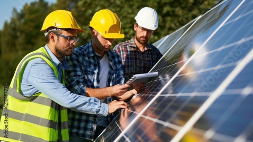 A group of engineers in a lab wearing safety gear examines wind turbine models and solar panels, representing renewable energy, innovation, and sustainability in the green energy sector.