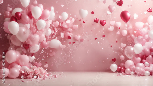 A pink background with floating hearts and balloons is used as an image for an AI-generated illustration. The image is marked as a submission to Adobe Stock.