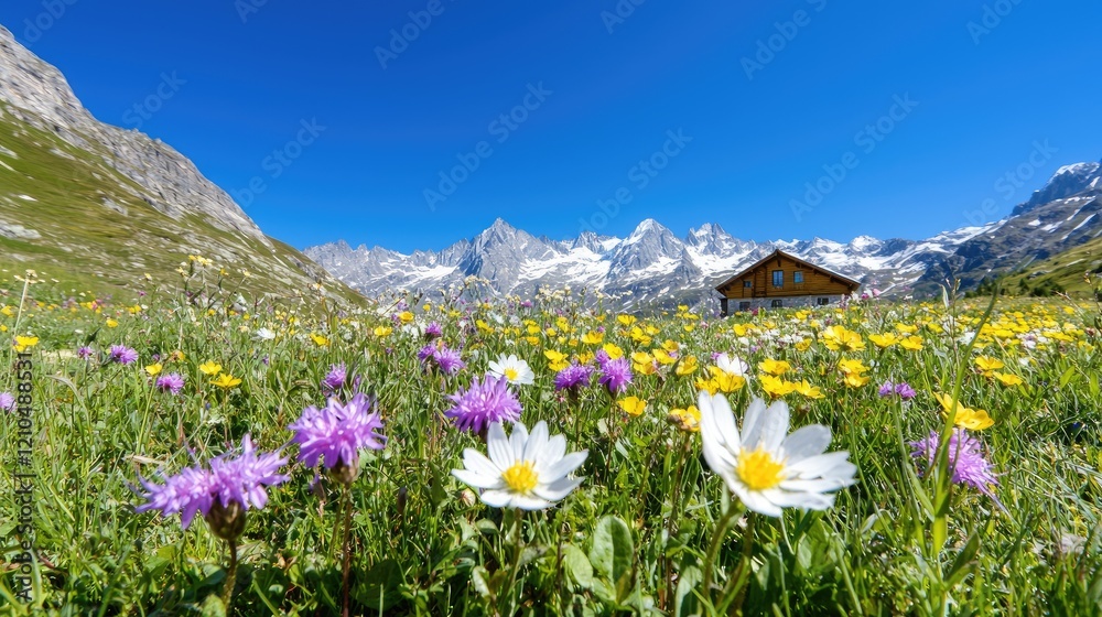 Obraz premium Colorful wildflowers bloom in a sunny alpine meadow with a rustic wooden cabin and snow-capped mountains under a clear blue sky.