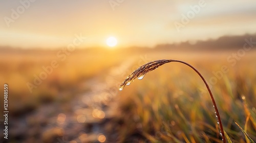 macro shot of single blade of grass bending under weight of raindrop golden morning light blurred natural background photo