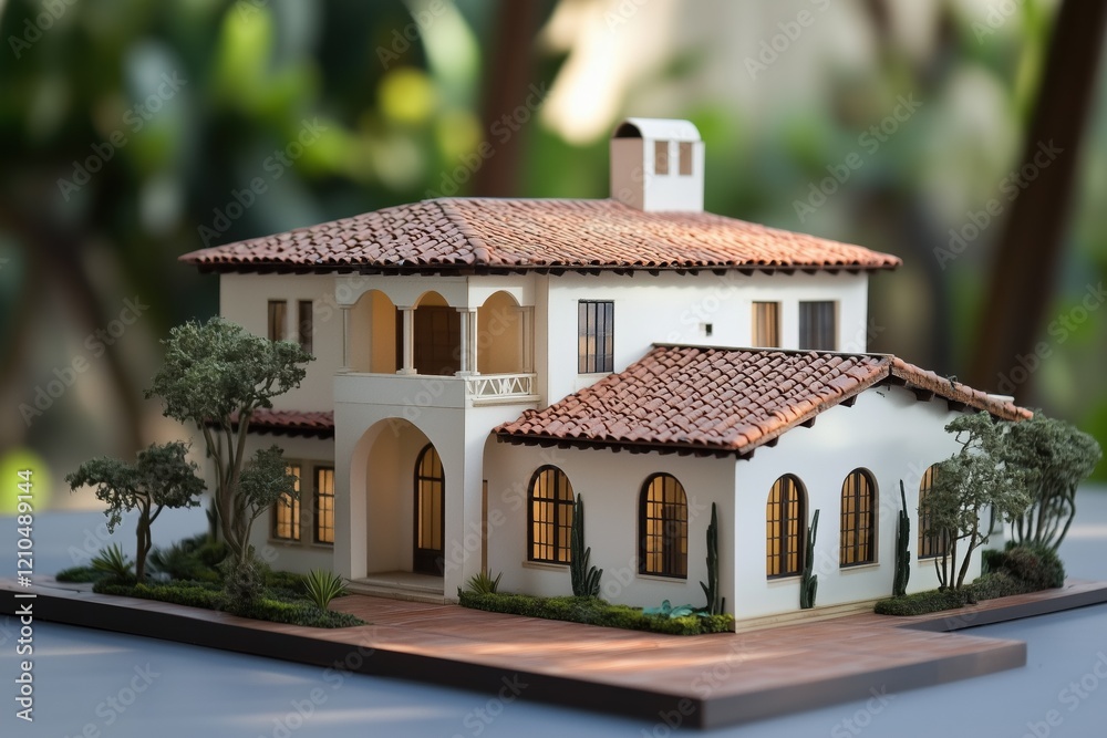 A detailed architectural model of a Mediterranean Spanish Colonial house style, featuring a tiled roof, arched windows, and surrounding greenery. The model is displayed on a wooden base. A detailed architectural model of a Mediterranean Spanish Colonial house style, featuring a tiled roof, arched windows, and surrounding greenery. The model is displayed on a wooden base.