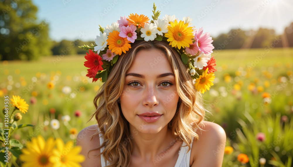 Young woman smiling with flower crown in a blooming field Young woman smiling with flower crown in a blooming field