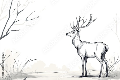 minimalistic line drawing of deer standing in tranquil forest simple ink strokes creating elegant silhouette ample photo