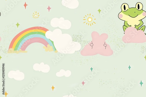 Cute frog open with sun cloud and rainbow sky background.