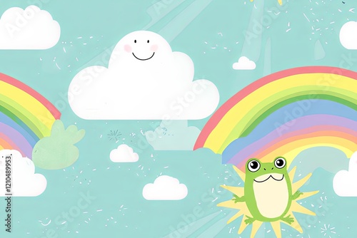 Cute frog open with sun cloud and rainbow sky background.