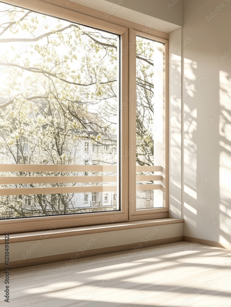 Fototapeta premium Natural light streams through a spacious window overlooking a blooming courtyard during spring