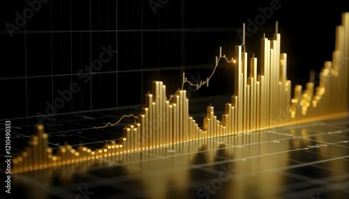 Golden financial charts and graphs on dark reflective surface