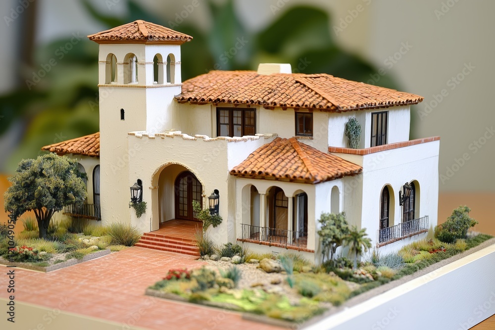 A detailed architectural model of a Mediterranean Spanish Colonial house style featuring a tiled roof, arched windows, and a stone pathway. A detailed architectural model of a Mediterranean Spanish Colonial house style featuring a tiled roof, arched windows, and a stone pathway.