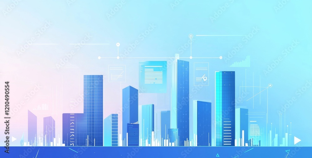 A blue and white gradient background with glass buildings in the foreground, featuring a simple city skyline model A blue and white gradient background with glass buildings in the foreground, featuring a simple city skyline model