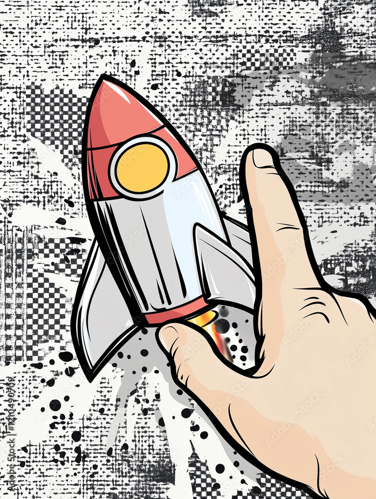 Pop art style banner with halftone rocket, pointing human hand and piece of torn checkered paper. Modern collage. Business startup concept. Creating ideas. Illustration with cut out newspaper elements Pop art style banner with halftone rocket, pointing human hand and piece of torn checkered paper. Modern collage. Business startup concept. Creating ideas. Illustration with cut out newspaper elements