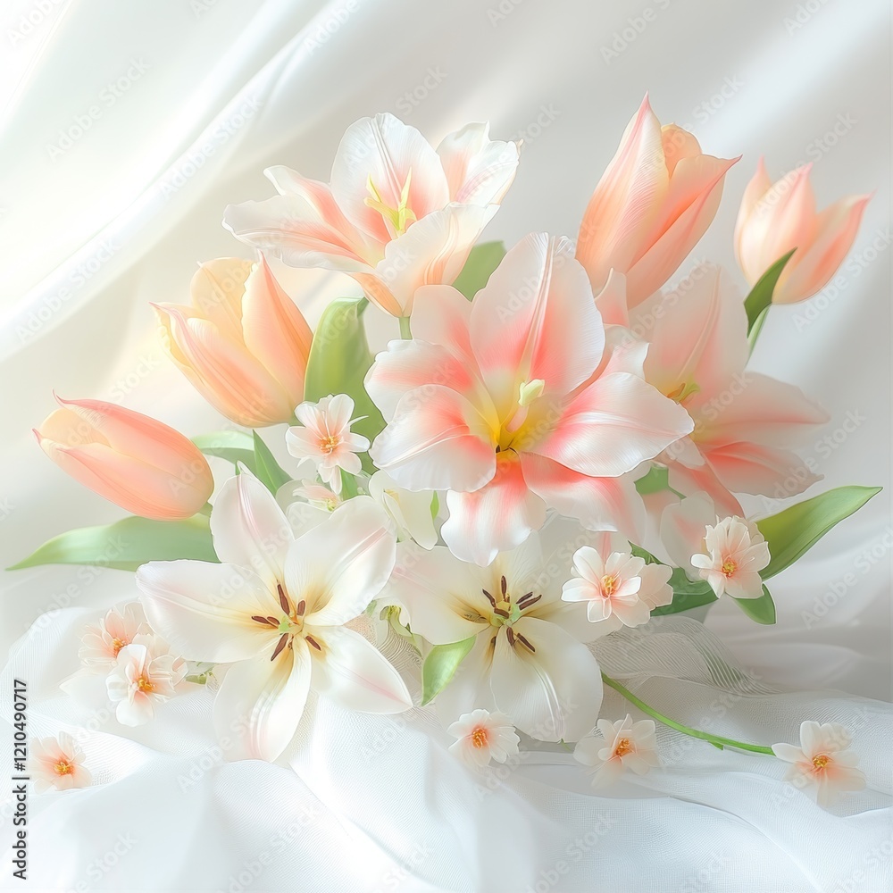 Obraz premium Beautiful arrangement of soft pink and white flowers set against a silky backdrop creating a tranquil atmosphere