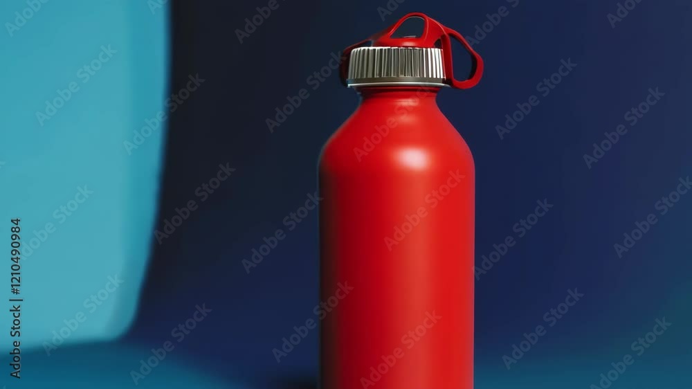 Rotating red water bottle on blue background showcasing minimalist design