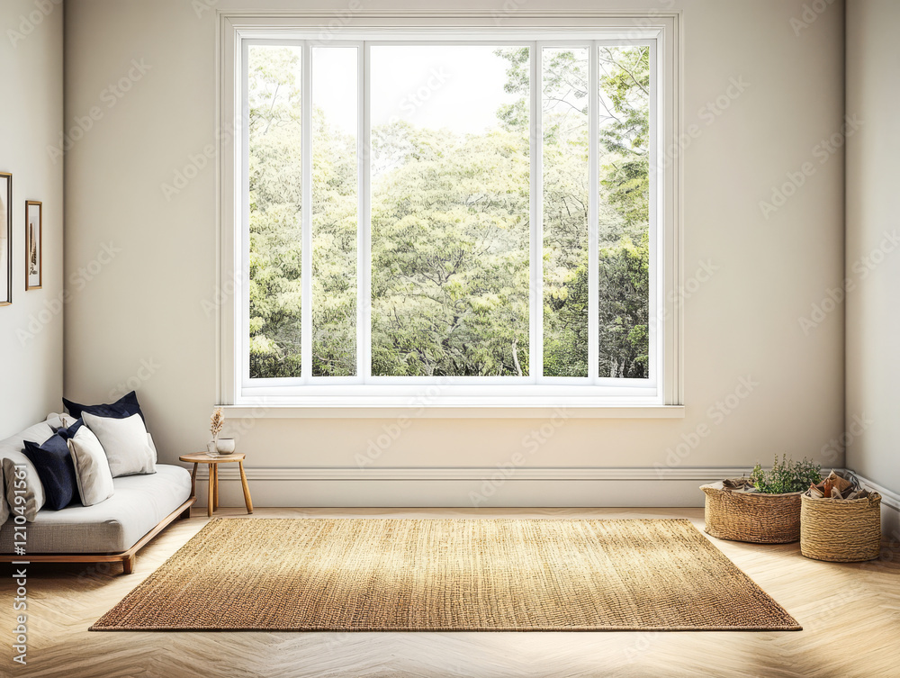 Fototapeta premium Bright and airy living space with large window and natural decor