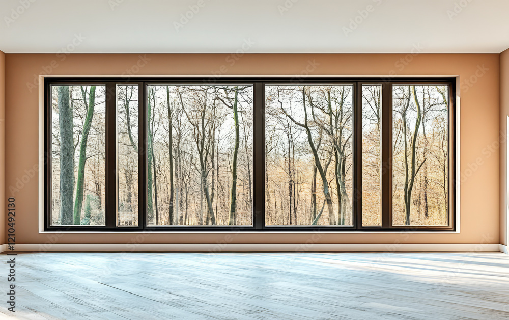 Fototapeta premium Spacious room with large windows overlooking a serene forest landscape in early spring