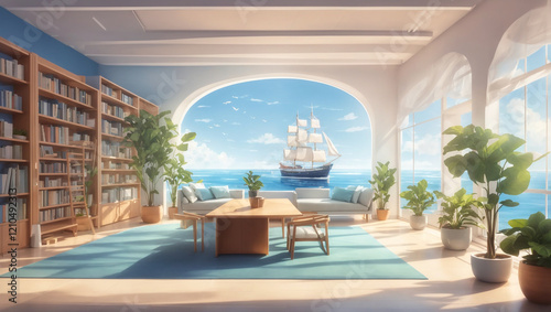A bright, airy room with a large arched window overlooks the ocean and a sailboat. The room has bookshelves, seating, and many plants.