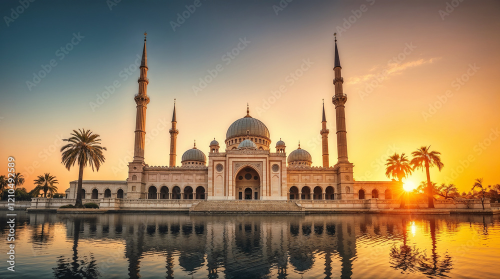 Obraz premium Majestic Mosque with Twin Minarets Reflecting in Still Waters During Golden Sunset 