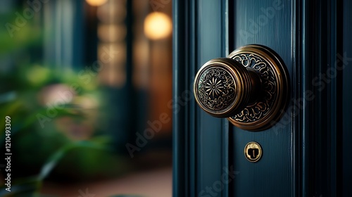 Ornate brass door knob on dark teal door, blurred garden background, home security