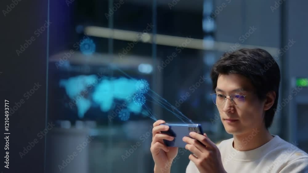 Alerta de advertencia de pirateo del sistema, hombre que usa un teléfono inteligente con red de ciberataque, virus, spyware, estafa o software malicioso. Ciberseguridad y cibercrimen. Información comp