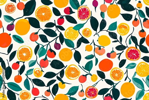 Vibrant fruits seamless pattern. Illustrations of bright citrus fruits, oranges.