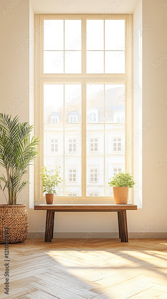 Fototapeta premium Bright sunlight illuminates a minimalistic interior with plants and wooden bench by the window