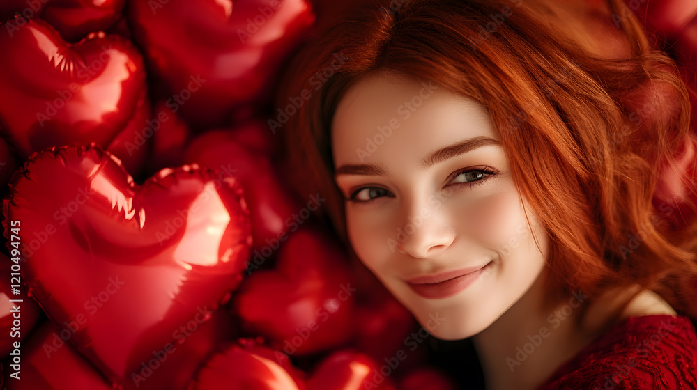 Smiling Woman Surrounded by Red Heart Balloons in Romantic Setting : Generative AI Smiling Woman Surrounded by Red Heart Balloons in Romantic Setting : Generative AI