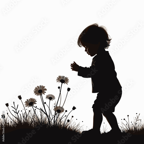 Silhouette of a child admiring flowers in a garden